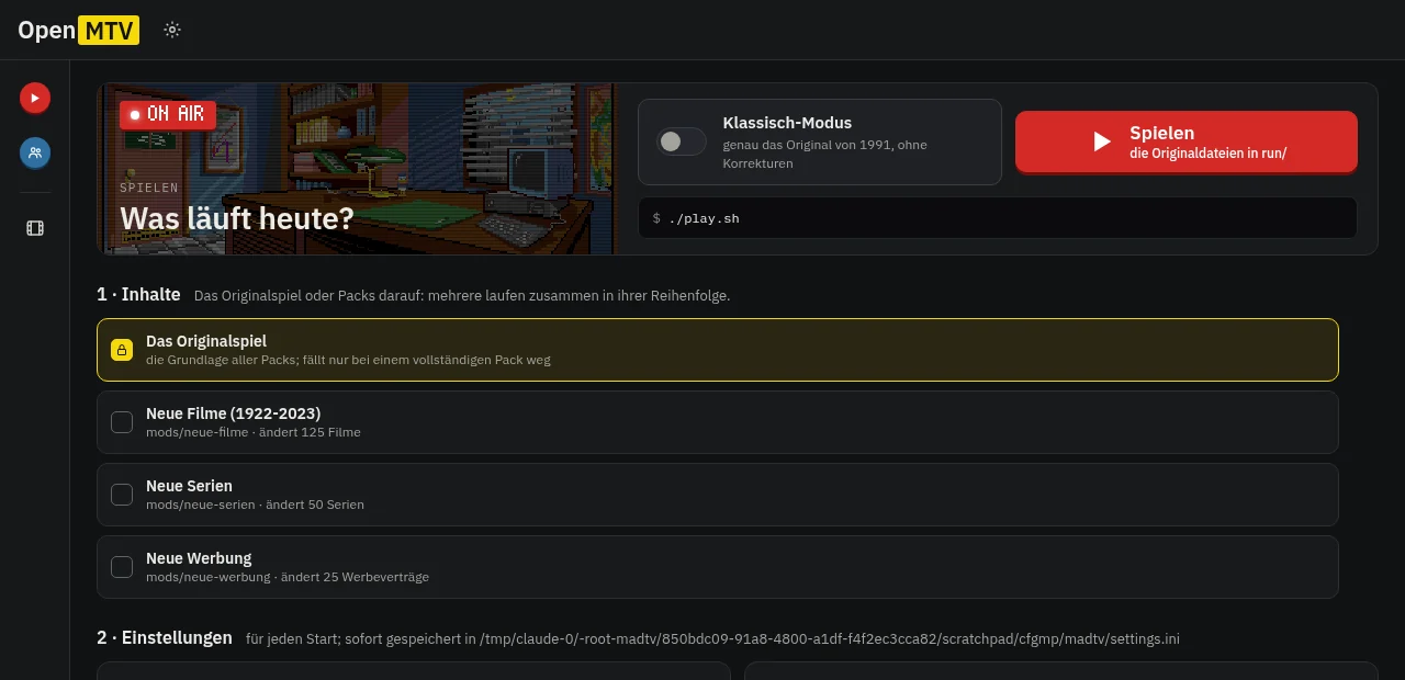 Der Launcher mit Klassisch-Modus, Spielen-Knopf und Inhaltspaketen